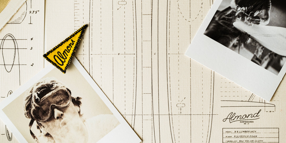 Vintage photos on a blueprint with 'Almond' branding.