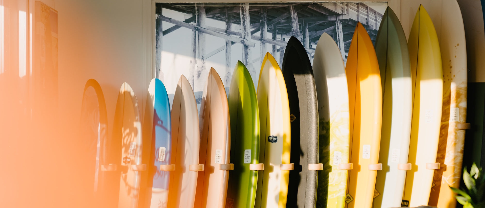 Row of colorful surfboards displayed indoors with a blurred background