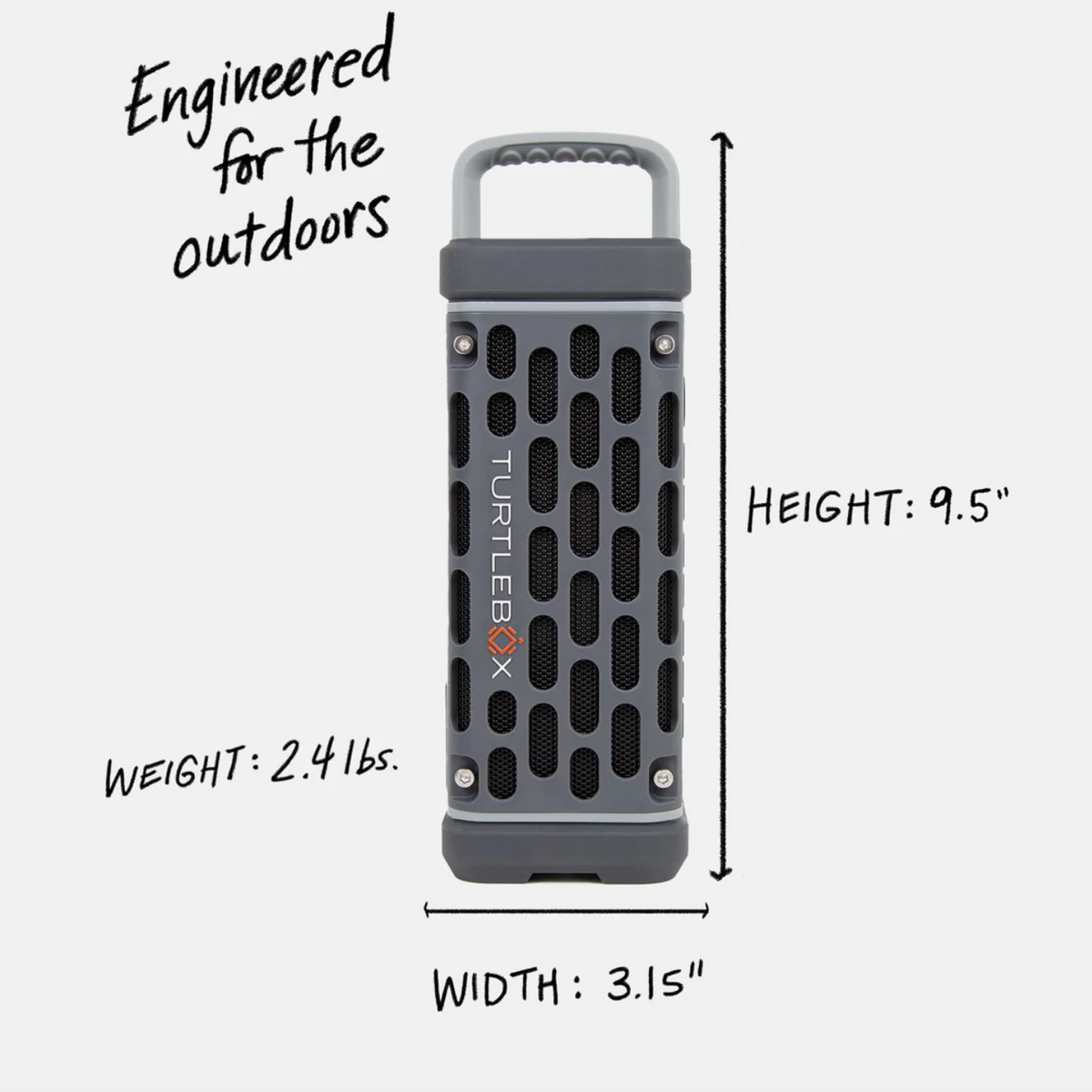 Turtle Beach speaker with dimensions and weight information on a white background