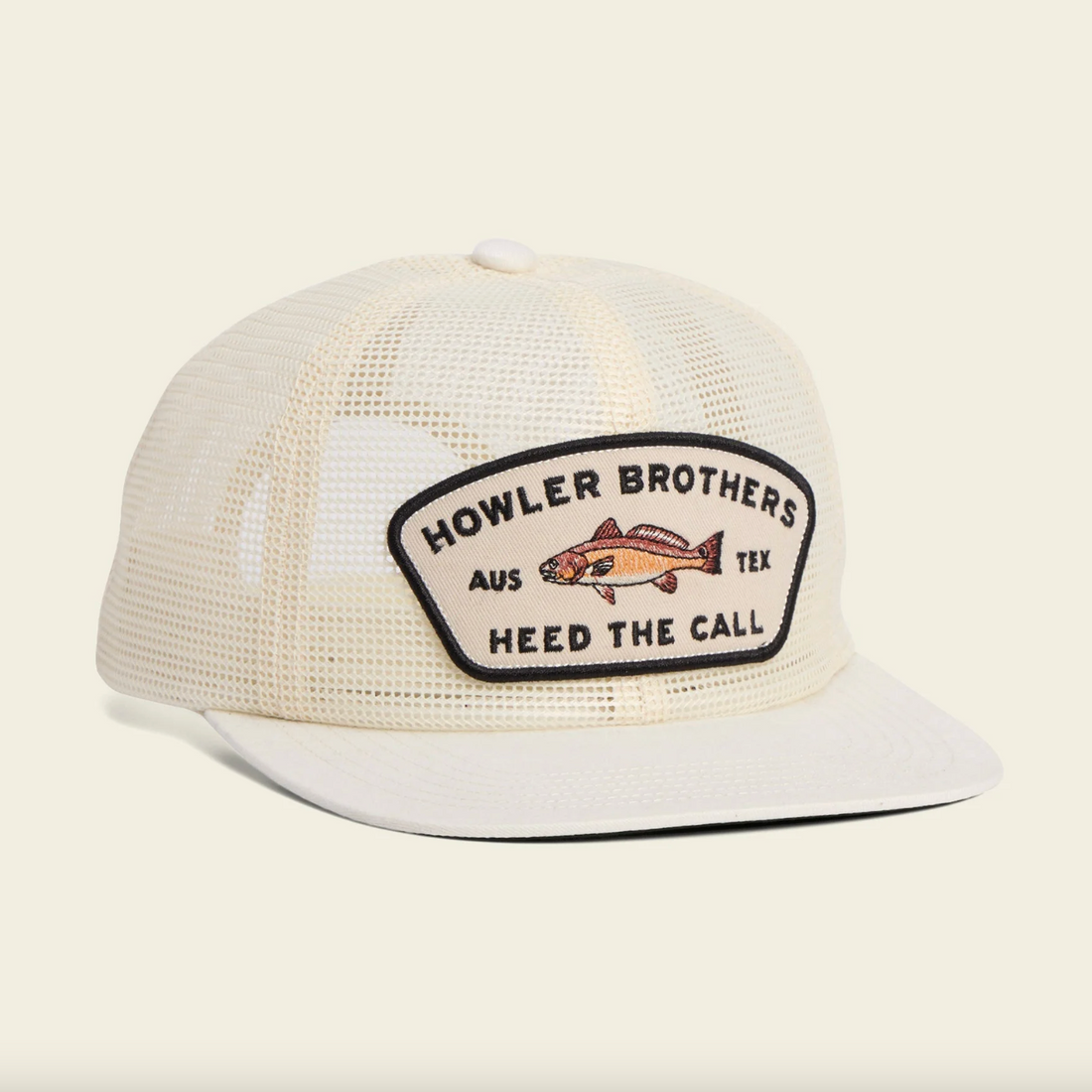 White mesh cap with Howler Brothers logo on a beige background