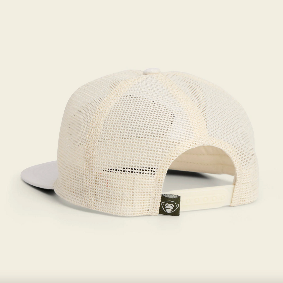White mesh cap with a brand logo on a light gray background