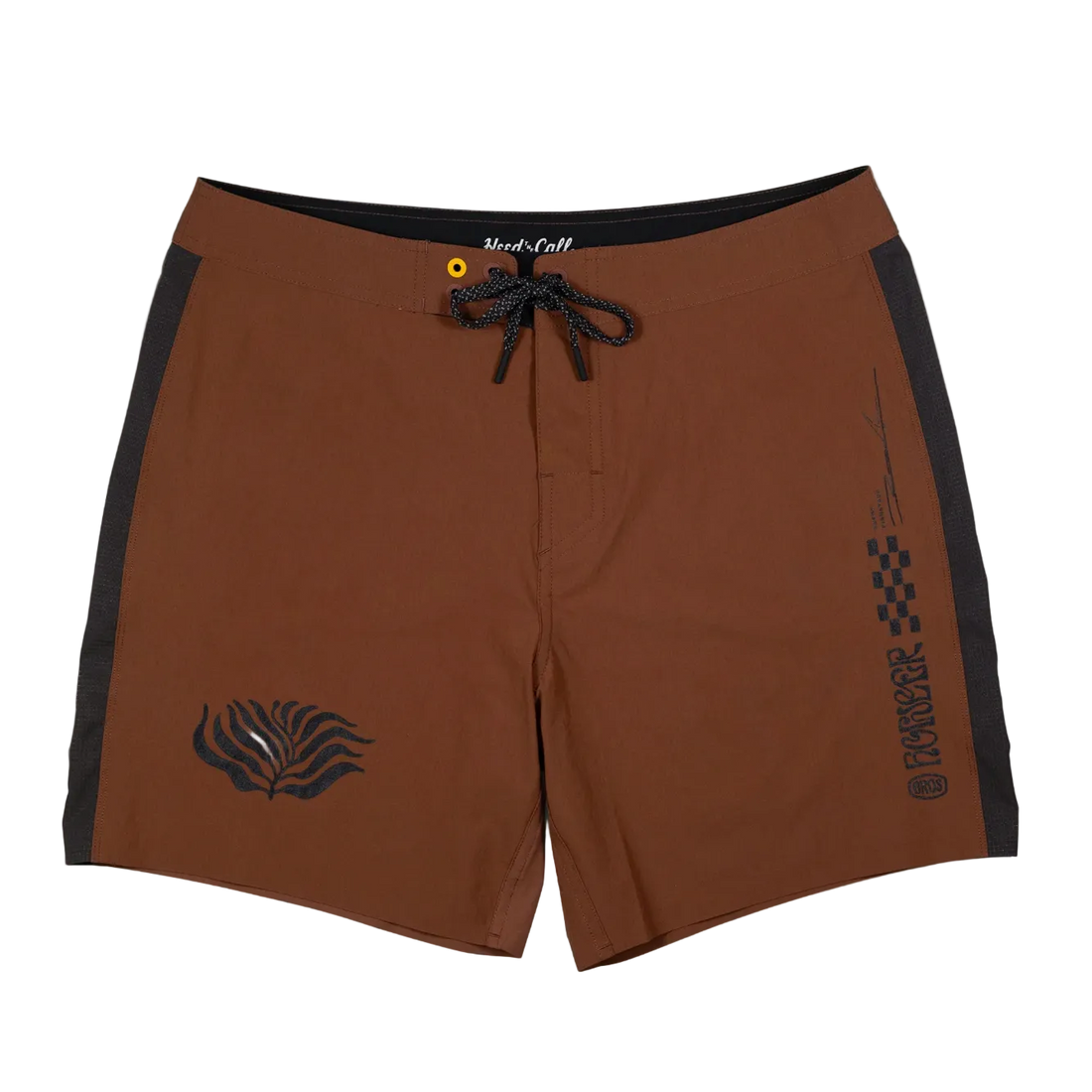 Brown shorts with black accents and logos on a beige background