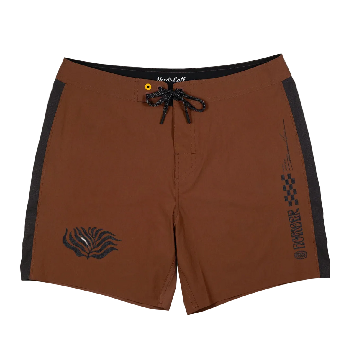 Brown shorts with black accents and logos on a beige background