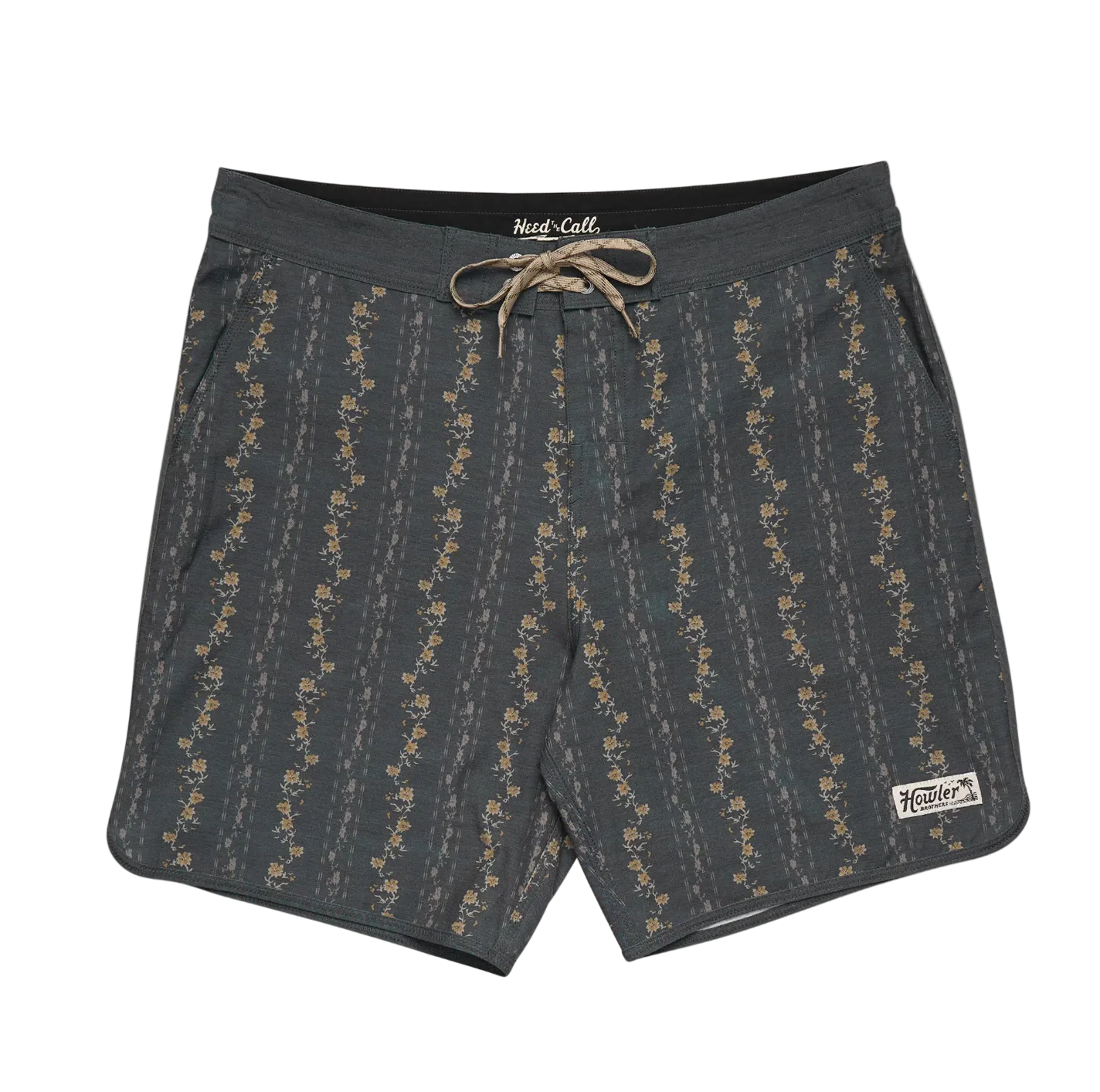 Dark gray shorts with a subtle pattern on a beige background