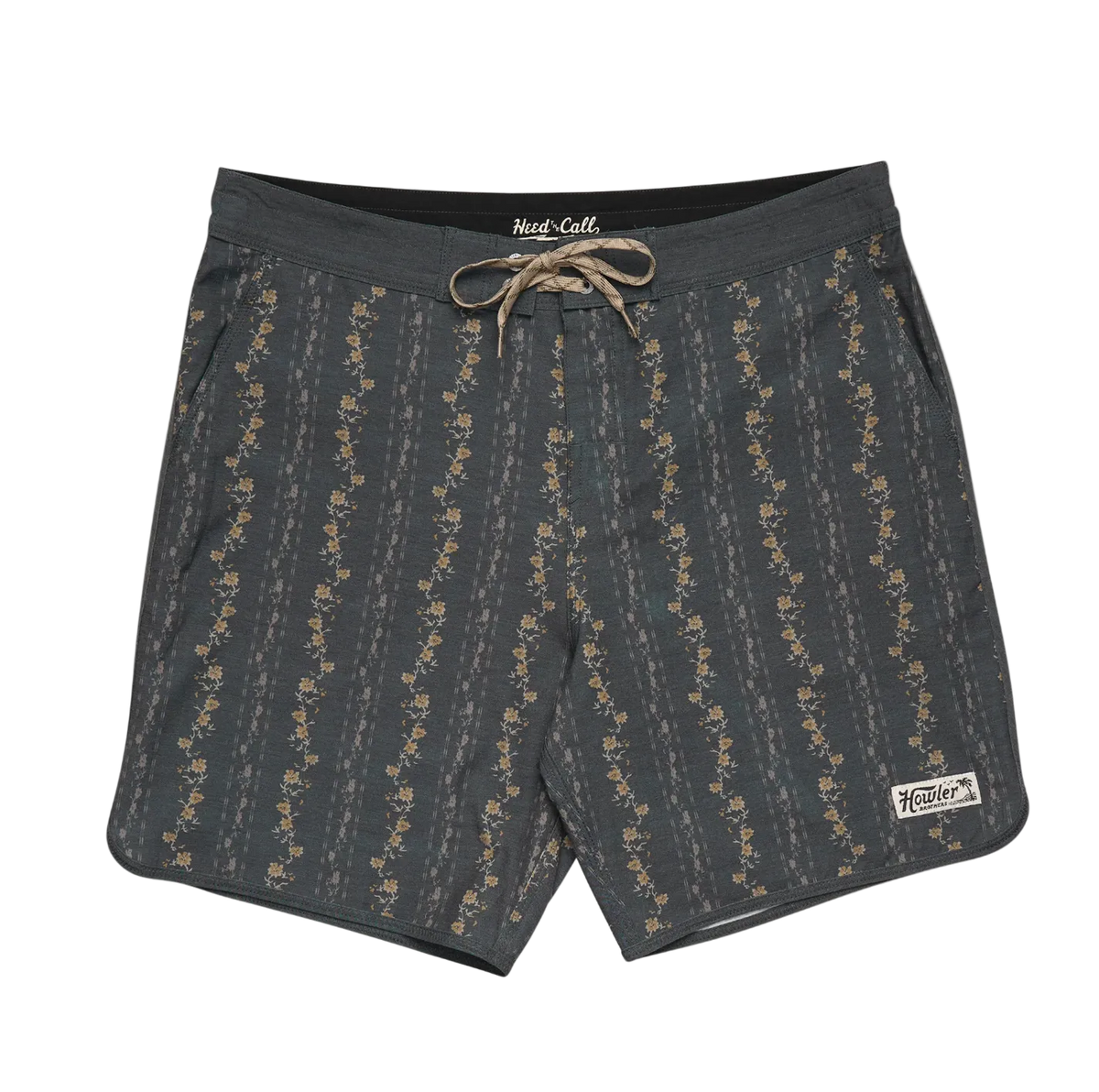 Dark gray shorts with a subtle pattern on a beige background