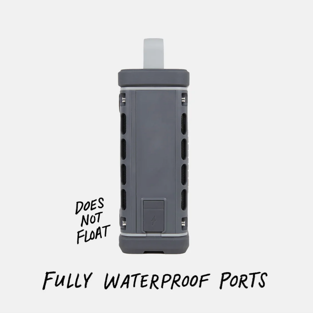 Gray waterproof device with text indicating it does not float and has fully waterproof ports on a white background.