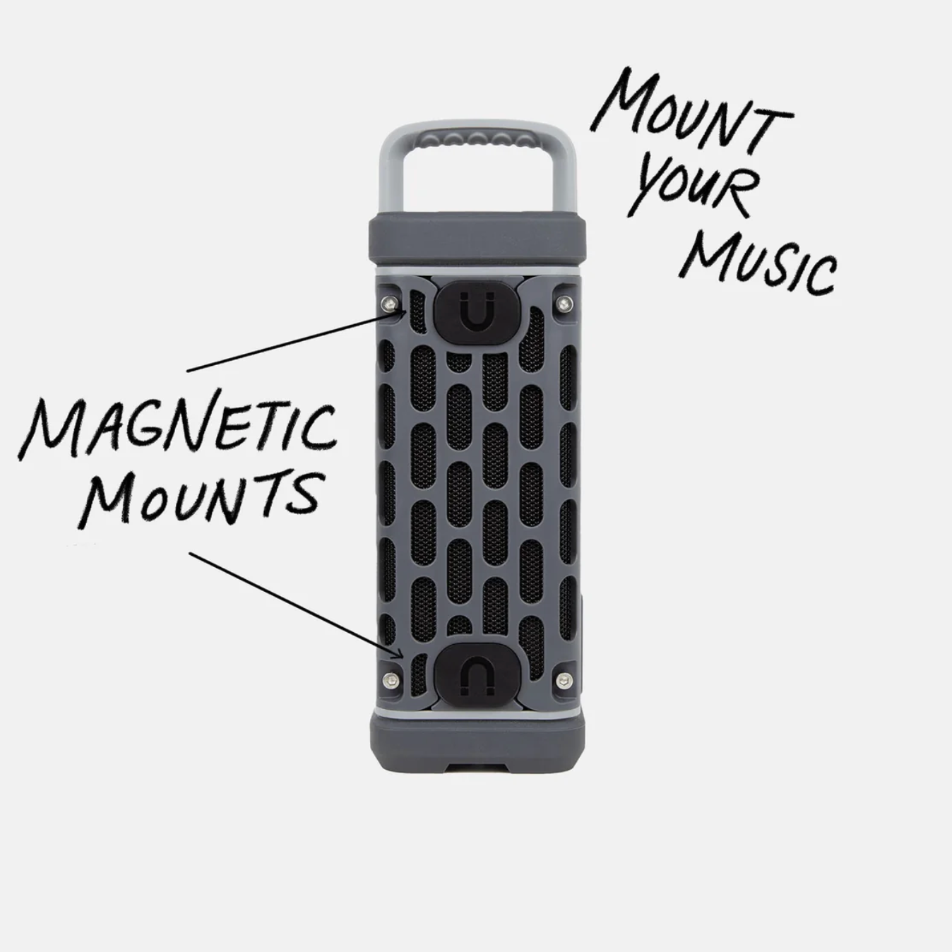 Portable speaker with magnetic mounts feature on a white background