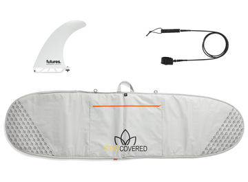 Surfboard with cover, fin, and leash on a white background