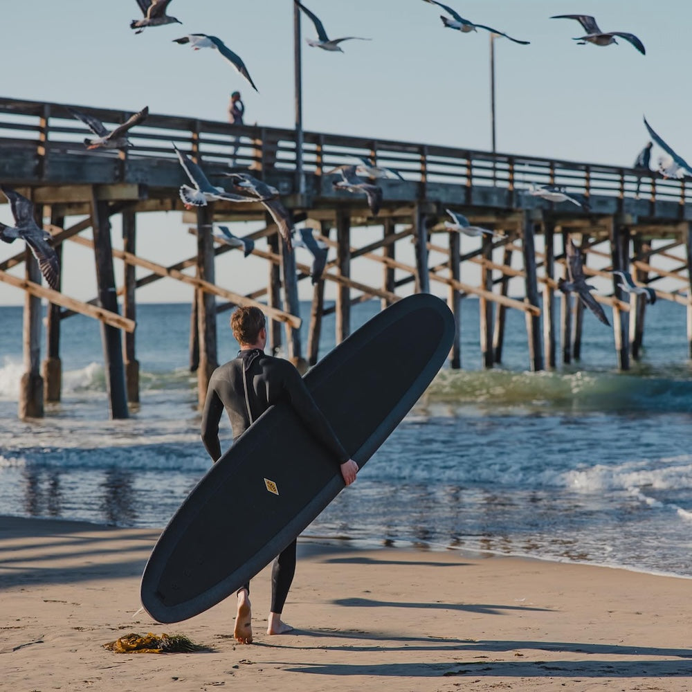 Person in a wetsuit holding a surfboard on a beach with a pier and birds in the background