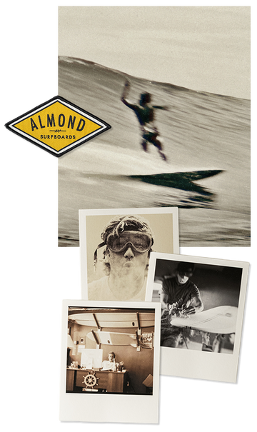 Collage of a surfer on a wave with 'Almond Surfboards' logo and vintage-style photos.