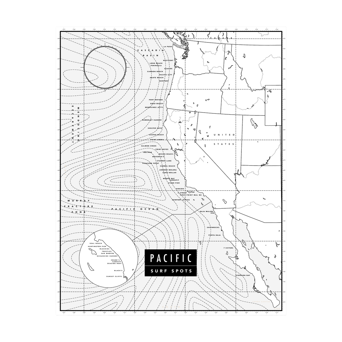 Pacific Surf Spots | Poster (B/W)