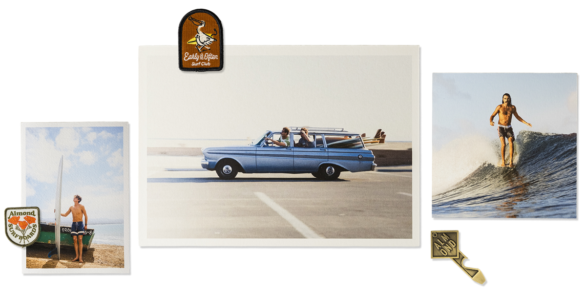 Collection of vintage-style photos and memorabilia including a car, surfers, and a logo.