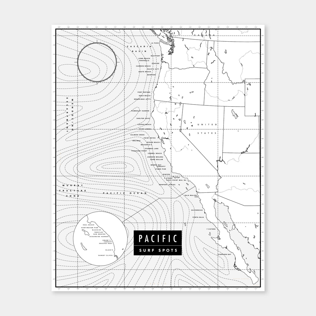 Pacific Surf Spots | Poster (B/W)